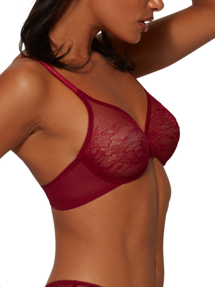 Gossard Glossies Lace Sheer Moulded Bra - Bordeaux | BraForMe